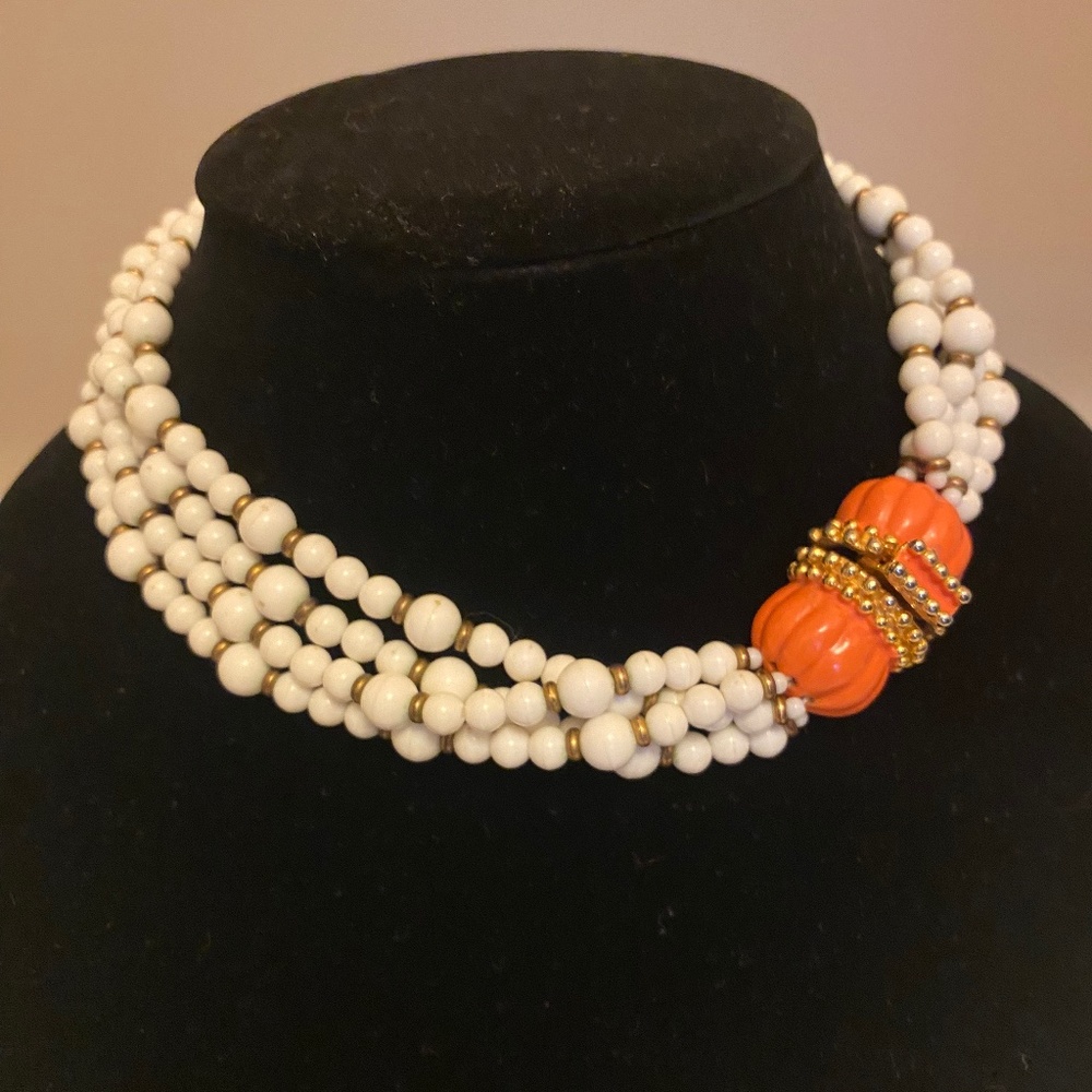 Vintage MiMi White Bead and Coral Color Necklace.